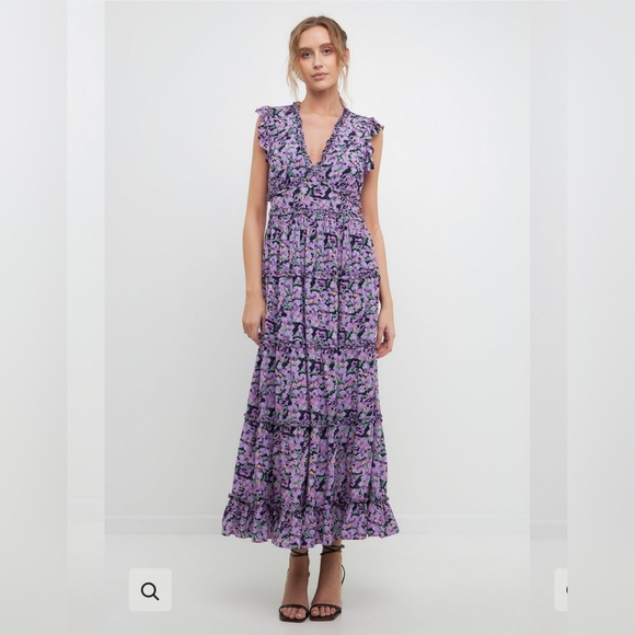 Free the Roses Purple and White Ruffled Maxi Dress - Picture 1 of 5